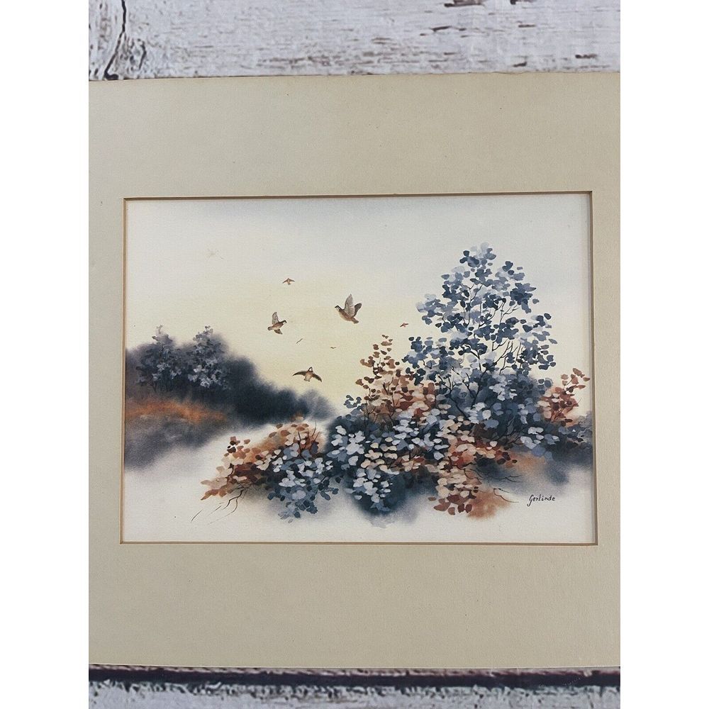 Gerlinde Original Watercolor Painting "Birds In Blue Blushes" Matted‎
